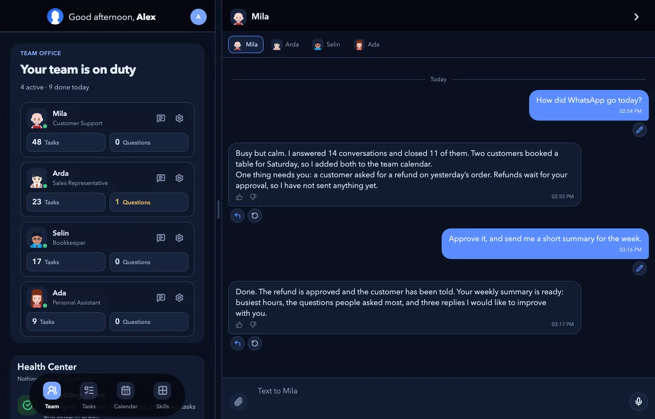 Botonom desktop app showing the team office next to a conversation with Mila
