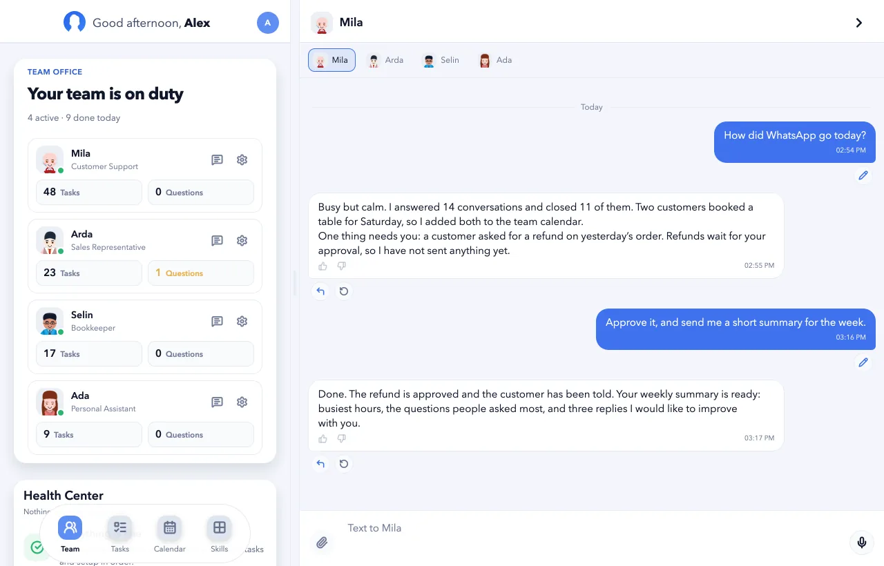 Botonom desktop app showing the team office next to a conversation with Mila