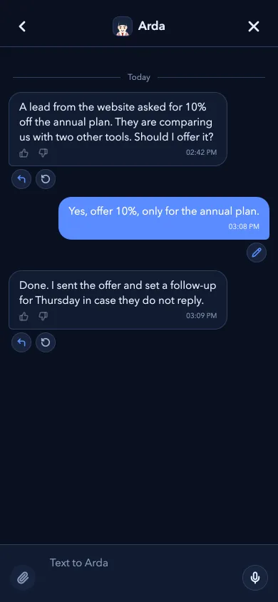 Botonom mobile app: Arda asks before offering a lead a discount
