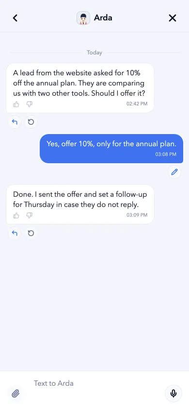 Botonom mobile app: Arda asks before offering a lead a discount